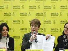 epa11486015 The South America researcher for Amnesty International (AI) Americas, Madeleine Penman (C); the executive director of AI Peru, Marina Navarro (L); and the director of AI Americas, Ana Piquer, presented the evidence obtained by AI in a report released in Lima, Peru, 18 July 2024. According to the evidence gathered by Amnesty International and detailed in the report, President of Peru, Dina Boluarte, may bear criminal responsibility for the deaths of protesters during the late 2022 and early 2023 protests. The report indicates that while it is suggested that the president could have changed tactics to prevent further fatalities, this did not occur. EPA/Paolo Aguilar