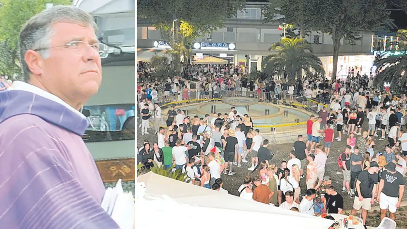 Don Angelo Fabris, a destra immagini della Pentecoste a Lignano: giovani, in particolare austriaci, affollano piazza Fontana