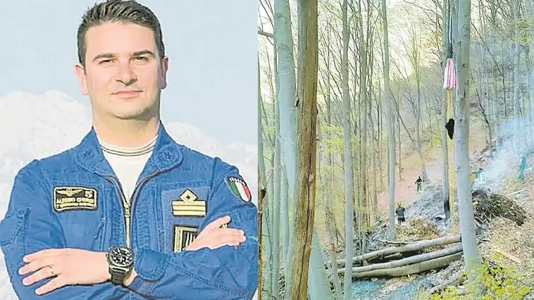 Alessio Ghersi, il capitano delle Frecce tricolori, è morto il 29 aprile: a destra, i resti del Pioneer 300 precipitato sulla catena dei Musi