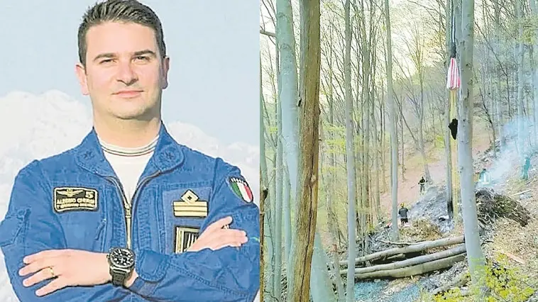 Alessio Ghersi, il capitano delle Frecce tricolori, è morto il 29 aprile: a destra, i resti del Pioneer 300 precipitato sulla catena dei Musi