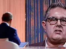 Giovanni Toti (in collegamento sul monitor) intervistato da Bruno Vespa durante la trasmissione televisiva ‘Cinque Minuti’ in onda su Rai Uno, Roma, 13 settembre 2024. ANSA/FABIO FRUSTACI