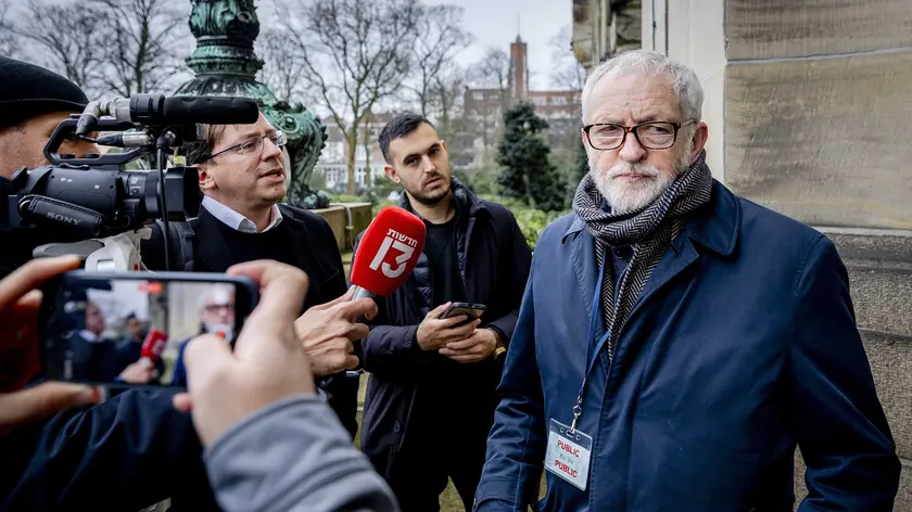 epa11069505 British politician Jeremy Corbyn stands in front of the International Court of Justice (ICJ) after the first day of the hearing of the genocide case against Israel, brought by South Africa, in The Hauge, The Netherlands, 11 January 2024. According to the South Africans, Israel is currently committing genocidal acts against Palestinians in the Gaza Strip. Thousands of Israelis and Palestinians have been killed since the militant group Hamas launched an unprecedented attack on Israel from the Gaza Strip on 07 October, and the Israeli strikes on the Palestinian enclave which followed it. EPA/REMKO DE WAAL
