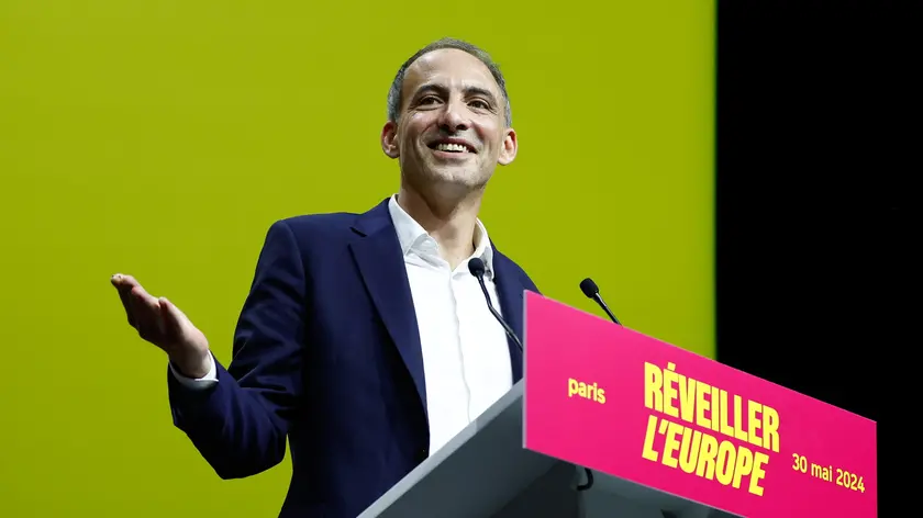 epa11380630 French essayist and founder of the citizen movement 'Place Publique,' leader of the Socialist Party (PS) list and candidate for the upcoming European elections Raphael Glucksmann delivers a speech during the French socialist party's campaign rally for the European Parliament elections at the Zenith de Paris, in Paris, France, 30 May 2024. Elections for the European Parliament will take place from 06 to 09 June 2024. The EU Parliament is directly elected every five years by the citizens of the European Union. EPA/MOHAMMED BADRA