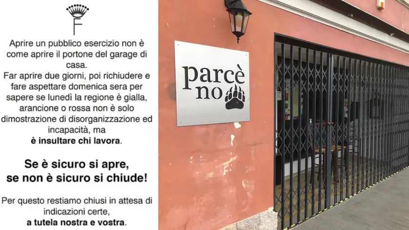 Il cartello dell'osteria Florio a sinistra e porte chiuse dell'osteria Parcè no