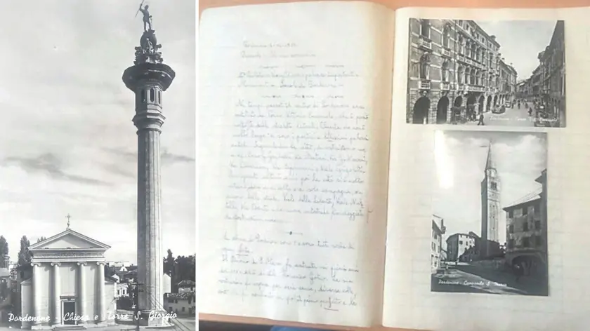 Pagine scritte con inchiostro e pennino e cartoline dell’epoca componevano una ricerca data come compito per casa