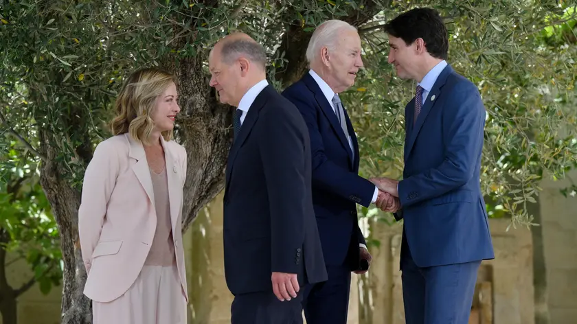 (L-R) Italy's Prime Minister Giorgia Meloni, German Chancellor Olaf Scholz, US President Joe Biden and Canadian Prime Minister Justin Trudeau at the end of the welcome ceremony, during the G7 Borgo Egnazia Summit in Borgo Egnazia (Brindisi), southern Italy, 13 June 2024. The G7 Borgo Egnazia Summit will be held from 13 to 15 June 2024. ANSA/ETTORE FERRARI