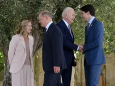 (L-R) Italy's Prime Minister Giorgia Meloni, German Chancellor Olaf Scholz, US President Joe Biden and Canadian Prime Minister Justin Trudeau at the end of the welcome ceremony, during the G7 Borgo Egnazia Summit in Borgo Egnazia (Brindisi), southern Italy, 13 June 2024. The G7 Borgo Egnazia Summit will be held from 13 to 15 June 2024. ANSA/ETTORE FERRARI