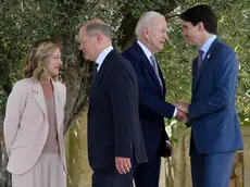 (L-R) Italy's Prime Minister Giorgia Meloni, German Chancellor Olaf Scholz, US President Joe Biden and Canadian Prime Minister Justin Trudeau at the end of the welcome ceremony, during the G7 Borgo Egnazia Summit in Borgo Egnazia (Brindisi), southern Italy, 13 June 2024. The G7 Borgo Egnazia Summit will be held from 13 to 15 June 2024. ANSA/ETTORE FERRARI