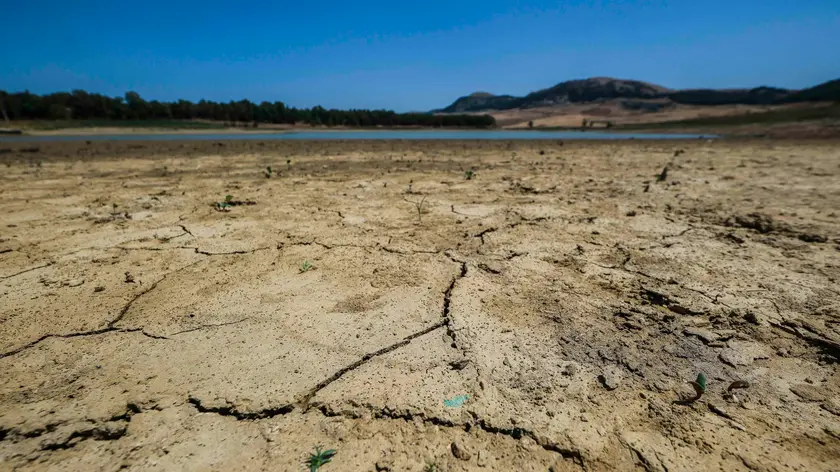Siccità in Sicilia, il lago di Piana degli albanesi ridotto ad una pozzanghera, Palermo 29 luglio 2024. ANSA/IGOR PETYX - - - - - - - - - - - - - - - - - Drought in Sicily, the Piana degli Albani lake reduced to a puddle, Palermo 29 July 2024. ANSA/IGOR PETYX
