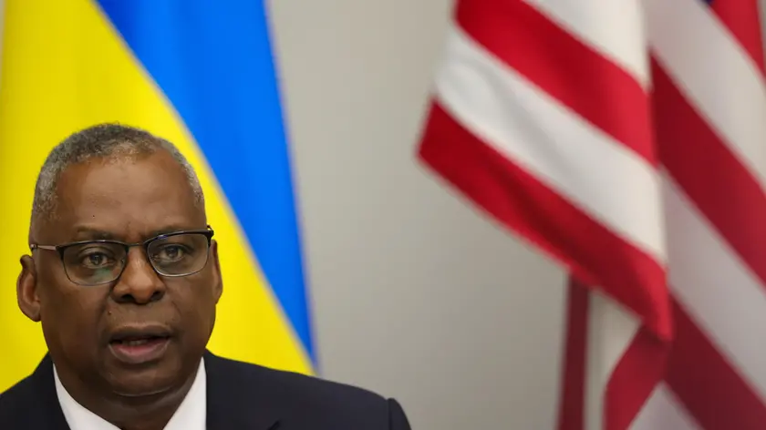 epa10912791 US Defense Secretary Lloyd J. Austin III addresses a Meeting of the Ukraine Defense Contact Group ahead of a two-day NATO Defense Ministers Council at the alliance headquarters in Brussels, Belgium, 11 October 2023. EPA/OLIVIER MATTHYS / POOL