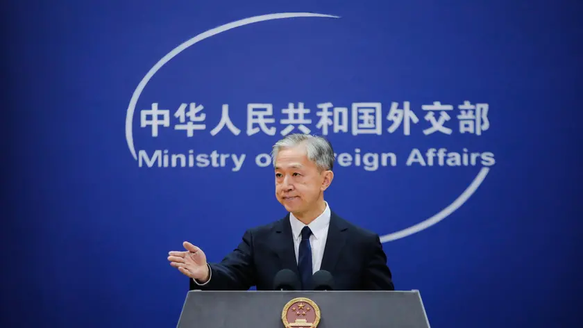 epa10948646 China's Foreign Ministry spokesperson Wang Wenbin gestures as he holds a press conference at the Ministry of Foreign Affairs in Beijing, China, 30 October 2023. EPA/WU HAO