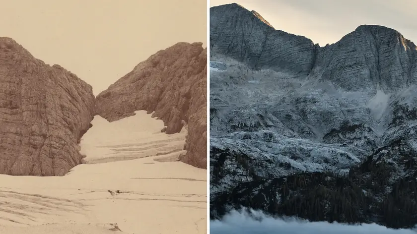 Il confronto "prima" e "dopo" del ghiacciaio del monte Canin. Nella foto a sinistra, scattata da Edoardo Tellini nel 1885, si nota la presenza dei ghiacciai attorno a Sella Ursic (archivio Saf). A destra, invece, il massiccio del Canin fotografato da Andrea Piussi nell'ottobre del 2019