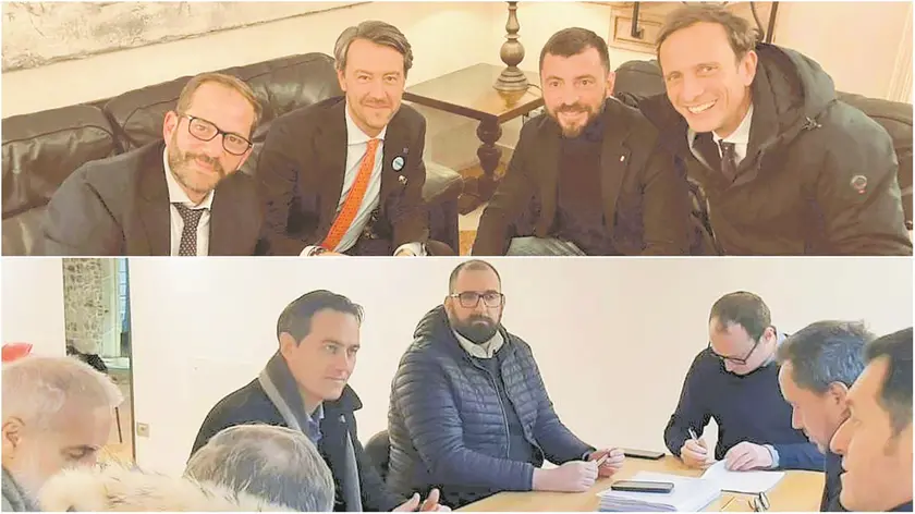 La firma dei programmi delle due coalizioni: in alto, il centrodestra con Fedriga, Petiziol, Rizzetto e Giacomelli; in basso, i rappresentanti dei partiti politici di centrosinistra che sostengono la candidatura di Moretuzzo