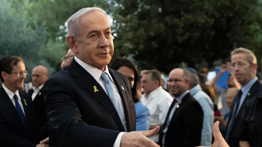 epa11526315 Israeli Prime Minister Benjamin Netanyahu attends the state memorial for former Revisionist Zionist leader and author Ze'ev Jabotinsky at Mount Herzl Military Cemetery in Jerusalem, 04 August 2024. Jabotinsky died on 03 August 1940. EPA/Naama Grynbaum / POOL