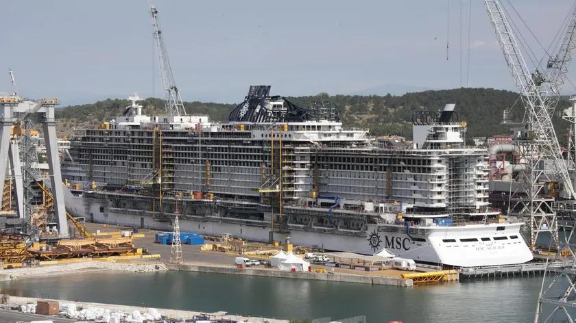 Un momento del varo tecnico della nave da crociera "Msc Seaview" nei cantieri della Fincantieri a Monfalcone (Gorizia), 23 agosto 2017..ANSA/KATIA BONAVENTURA