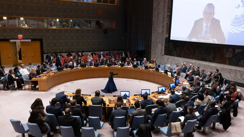 epa10949475 Philippe Lazzarini, Commissioner-General of the United Nations Relief and Works Agency for Palestine Refugees in the Near East, speaks via video link to diplomats gathered for a United Nations Security Council meeting called to address the conflict between Israel and Hamas, at United Nations headquarters in New York, New York, USA, 30 October 2023. Thousands of Israelis and Palestinians have died since the militant group Hamas launched an unprecedented attack on Israel from the Gaza Strip on 07 October, and the Israeli strikes on the Palestinian enclave which followed it. EPA/JUSTIN LANE