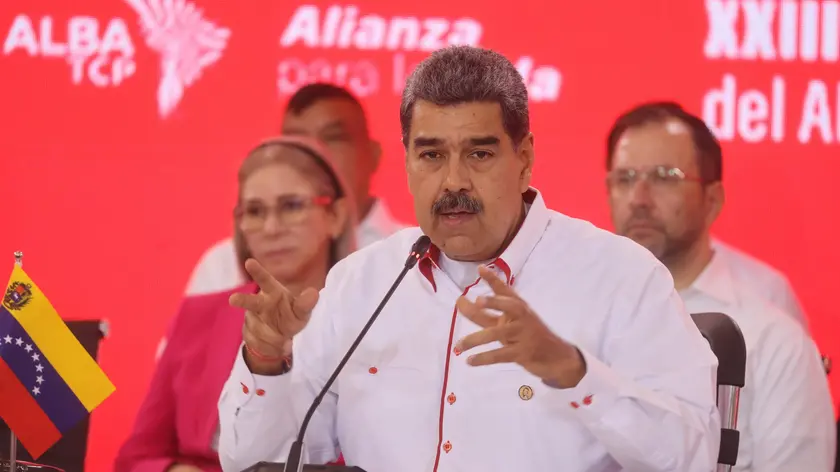 epa11298889 Venezuela President, Nicolas Maduro participate in the ALBA Summit at the Miraflores Palace, in Caracas, Venezuela, 24 April 2024. The XXIII Summit of the Bolivarian Alliance for the Peoples of Our America (ALBA) brings together in Caracas presidents of several bloc countries, among them, the Cuban Miguel Diaz-Canel, the Nicaraguan Daniel Ortega, and the Bolivian Luis Arce, who will meet with their Venezuelan counterpart Nicolas Maduro in a conclave in which they will address issues of common interest. EPA/Miguel Gutierrez EPA-EFE/Miguel Gutierrez