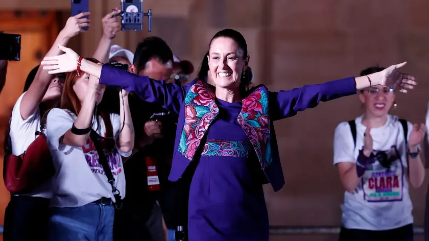 epa11386739 Mexico's presidential candidate Claudia Sheinbaum reacts during a press conference after the general elections in Mexico City, Mexico, 03 June 2024. Sheinbaum, a climate scientist and former mayor of Mexico City, is to be Mexico's first female President after she obtained between 58.3 and 60.7 per cent of the votes during the electoral night, according to the preliminary results announced by the National Electoral Institute. EPA/Mario Guzman