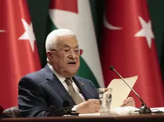 epa11200829 Palestinian President Mahmoud Abbas attends a press conference with Turkish president following their meeting in Ankara, Turkey, 05 March 2024. Abbas is in Turkey for an official visit. EPA/NECATI SAVAS