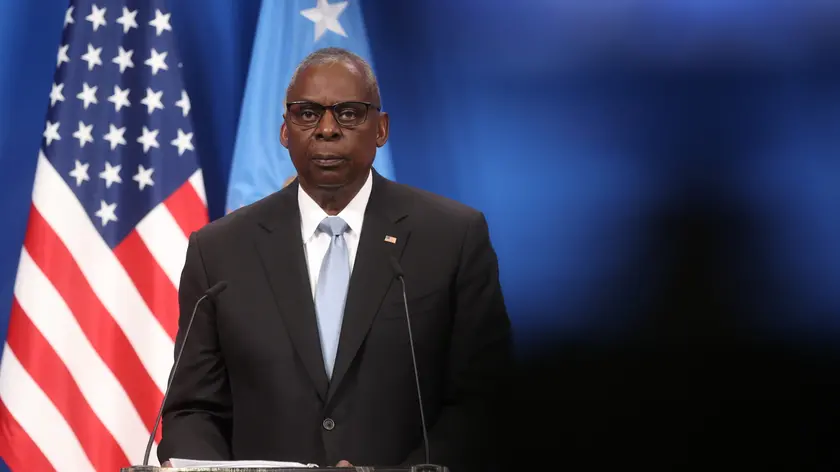 epa11407926 US Secretary of Defense Lloyd Austin speaks to the media during a NATO defense ministers meeting at the alliance's headquarters in Brussels, Belgium, 13 June 2024. NATO Defence Ministers gather in Brussels on 13 and 14 June 2024, hoping to agree on a new plan to provide long-term security assistance and military training to Ukraine, after Hungary promised not to veto the scheme as long as it's not forced to take part. EPA/OLIVIER HOSLET