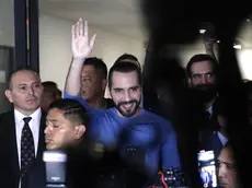 epa10942070 El Salvador President Nayib Bukele (C) leaves the Supreme Electoral Tribunal (TSE) after registering as a candidate for the presidency for the period 2024-2029, in San Salvador, El Salvador, 26 October 2023 (issued 27 October 2023). The general elections in El Salvador will be held on 04 February 2024. EPA/Rodrigo Sura