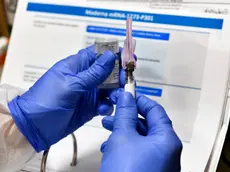 FILE - In this July 27, 2020, file photo, nurse Kathe Olmstead prepares a shot that is part of a possible COVID-19 vaccine, developed by the National Institutes of Health and Moderna Inc., in Binghamton, N.Y. Moderna said Monday, Nov. 16, 2020, its COVID-19 shot provides strong protection against the coronavirus that\'s surging in the U.S. and around the world. (AP Photo/Hans Pennink, File)