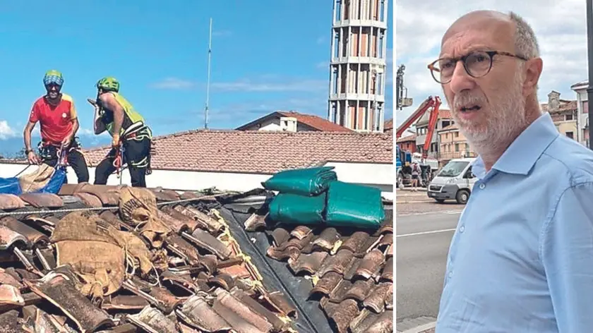 Addetti alla messa in sicurezza su un tetto di Mortegliano e, a destra, l’assessore Riccardi durante un sopralluogo