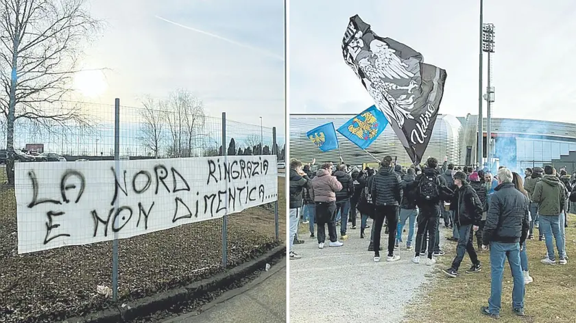Lo striscione esposto dai tifosi bianconeri che hanno “seguito” la gara dall’esterno dello stadio