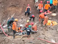 epa11466191 A handout photo made available by the National Search and Rescue Agency (BASARNAS) shows rescuers searching for landslide victims at Tulabo village, Samawa, Gorontalo, Indonesia, 07 July 2024 (issued 08 July 2024). According to The National Disaster Management Agency, six people died and 26 were missing in landslides at Tulabolo village in Gorontalo, which were caused by heavy rainfall over several days and unstable ground conditions, EPA/BASARNAS / HANDOUT HANDOUT EDITORIAL USE ONLY/NO SALES