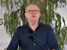 epa11520908 Australian Prime Minister Anthony Albanese speaks during the Garma Festival at the Gulkula ceremonial in the Gove Peninsula of the Northern Territory, Australia 03 August 2024. The Garma Festival is Australia’s largest Indigenous gathering, a 4-day celebration of Yolngu life and culture held in remote northeast Arnhem Land. EPA/MICK TSIKAS AUSTRALIA AND NEW ZEALAND OUT