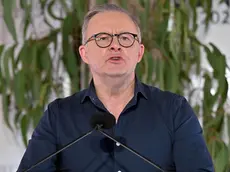 epa11520908 Australian Prime Minister Anthony Albanese speaks during the Garma Festival at the Gulkula ceremonial in the Gove Peninsula of the Northern Territory, Australia 03 August 2024. The Garma Festival is Australia’s largest Indigenous gathering, a 4-day celebration of Yolngu life and culture held in remote northeast Arnhem Land. EPA/MICK TSIKAS AUSTRALIA AND NEW ZEALAND OUT