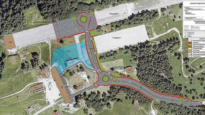 Il disegno dei lavori previsti ai piedi del monte Zoncolan, all’arrivo della strada verso i parcheggi