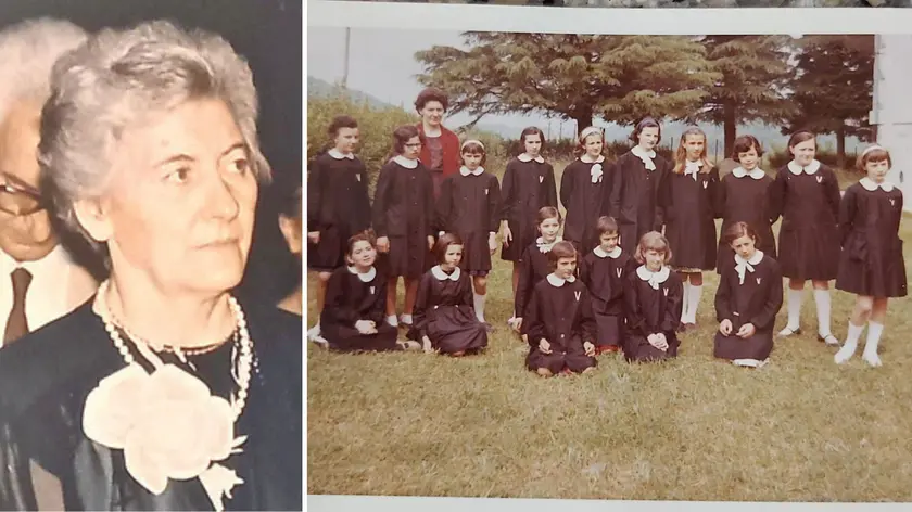 La mestra Giuliana Grattoni, a destra con alcuni suoi allievi nell' anno scolastico 1964-65