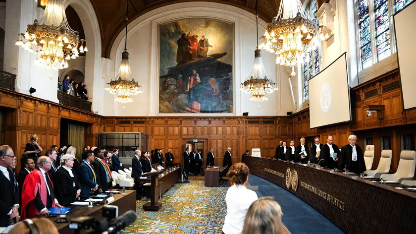 epa11345188 The judges enter the courtroom during a hearing at the International Court of Justice (ICJ) on the situation in Gaza's Rafah, at the Peace Palace in The Hague, Netherlands, 16 May 2024. The ICJ is holding a two-day public hearing on the request filed by South Africa seeking additional provisional measures over Israeli assault on Gaza's Rafah. EPA/LINA SELG