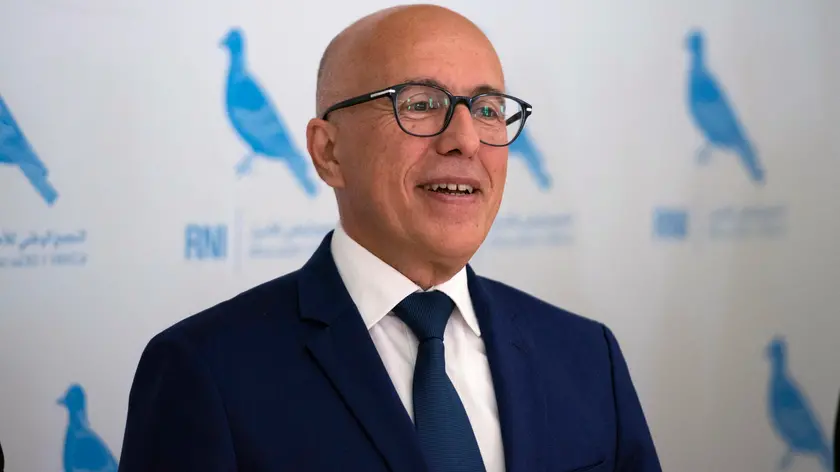 epa10608424 Eric Ciotti, leader of the French Republican Party speaks during his meeting with Aziz Akhannouch, leader of the Morocco's National Rally of Independents (RNI) in Rabat, Morocco, 04 May 2023. EPA/JALAL MORCHIDI
