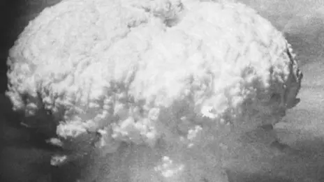 Aerial view of a mushroom cloud formed by an atomic bomb explosion, Hiroshima, Japan, August 6, 1945 --- Image by © SuperStock/Corbis