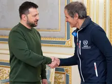 epa11131915 A handout photo made available by the Ukrainian Presidential Press Service shows Ukraine's President Volodymyr Zelensky (L) shaking hands with Director General of the International Atomic Energy Agency (IAEA) Rafael Grossi (R) during a meeting in Kyiv, Ukraine, 06 February 2024, amid the Russian invasion. IAEA Director General Grossi arrived in Kyiv to meet with top Ukrainian officials ahead of his visit to the Zaporizhzhia Nuclear Power Plant (NPP) planned for 07 February. EPA/UKRAINIAN PRESIDENTIAL PRESS SERVICE HANDOUT -- MANDATORY CREDIT: UKRAINIAN PRESIDENTIAL PRESS SERVICE -- HANDOUT EDITORIAL USE ONLY/NO SALES HANDOUT EDITORIAL USE ONLY/NO SALES