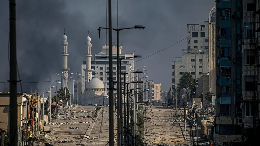 epa10954344 A general view of debris at a deserted street following Israeli air strikes in Gaza City, 02 November 2023. More than 8,500 Palestinians and at least 1,400 Israelis have been killed, according to the Israeli Defense Forces (IDF) and the Palestinian health authority, since Hamas militants launched an attack against Israel from the Gaza Strip on 07 October, and the Israeli operations in Gaza and the West Bank which followed it. According to the United Nations Relief and Works Agency for Palestine Refugees in the Near East (UNRWA), a 'massive displacement of people' from the north of the Gaza Strip southward has placed 'enormous pressure on those communities'. The IDF had issued a military advisory warning the civilian population of north Gaza and Gaza city to move to areas south of Wadi Gaza as it expands 'ground operations' in the enclave. EPA/MOHAMMED SABER