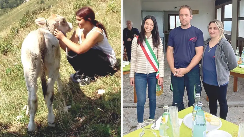 Nella foto a sinistra, Asia Colomba, in quota insieme a un vitello; a destra, Ruben Ridolfo ed Eva Chiarandon con il sindaco di Trasaghis, Stefania Pisu, all’interno dell’agriturismo in malga Cuar