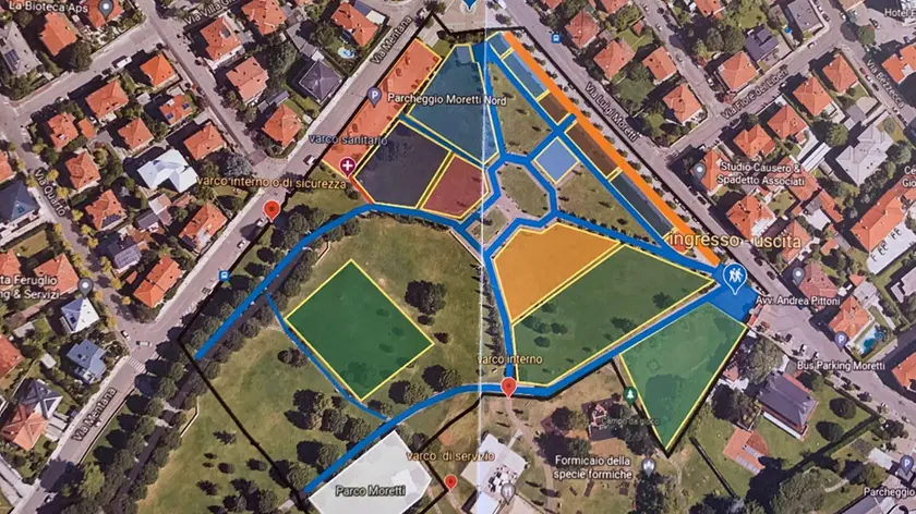 La piantina del parco Moretti: oltre a un presidio sanitario, troveranno posto una cucina da campo, stand dedicati alle specialità della Protezione civile e aree di intrattenimento