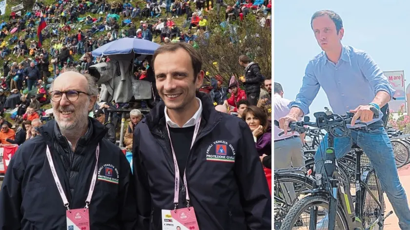 Il governatore Massimiliano Fedriga con il suo vice Riccardo Riccardi sullo Zoncolan (2018) e, a destra, in sella a una bici