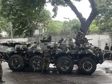 epa11526686 Bangladeshi Army soldiers patrol on the street after the government imposed a new curfew, in Dhaka, Bangladesh, 05 August 2024. Dhaka authorities have imposed a new curfew starting 06:00 p.m. local time on 04 August. As casualties mounted and law enforcement struggled to contain the unrest, the Bangladeshi government on 20 July 2024 had imposed an initial nationwide curfew and deployed military forces after violence broke out in Dhaka and other regions following student-led protests demanding reforms to the government's job quota system. EPA/MONIRUL ALAM
