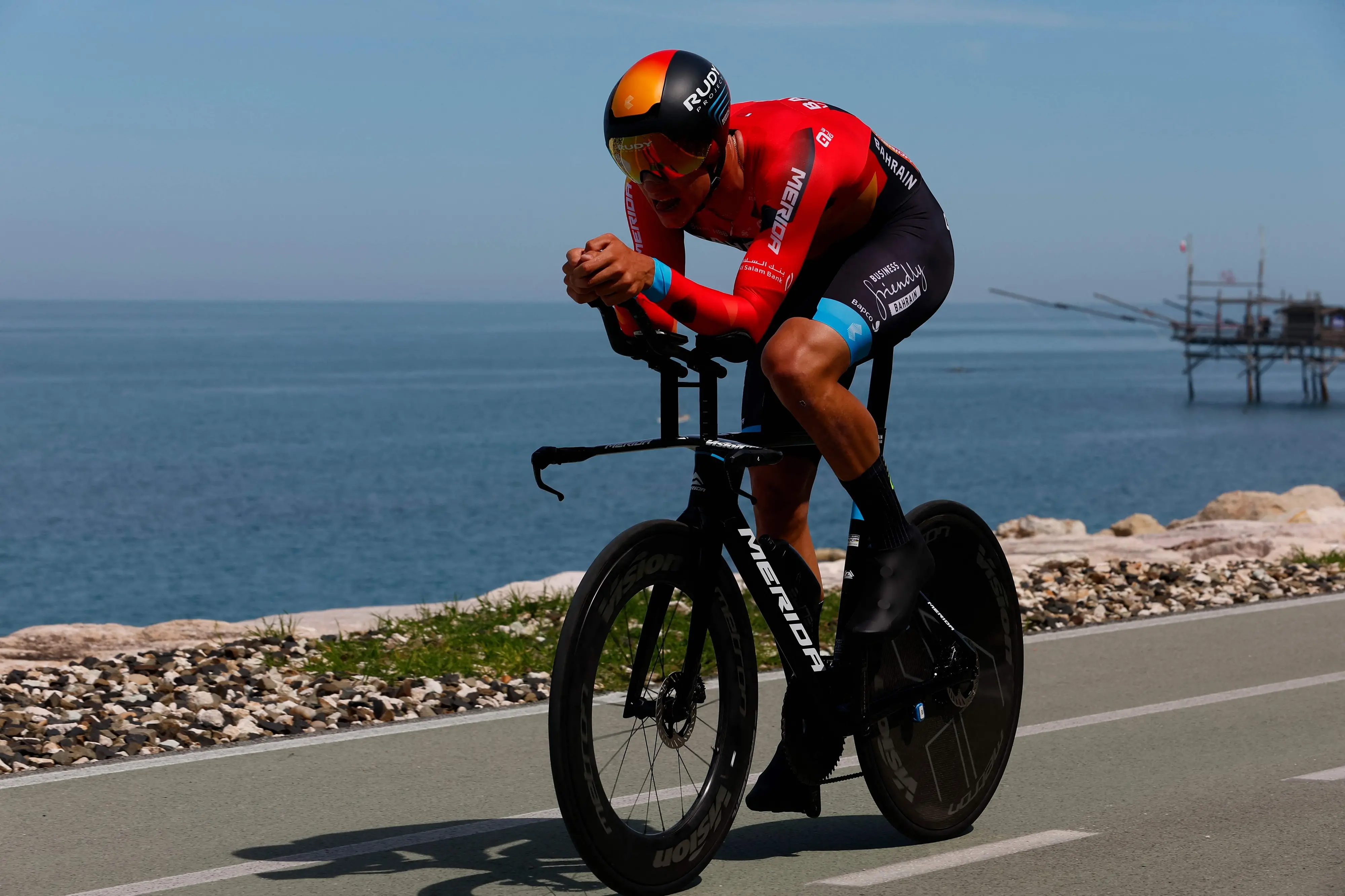 Bahrain - Victorious's Italian rider Jonathan Milan rides along the Costa dei Trabocchi during the first stage of the Giro d'Italia 2023 cycling race, a 19.6 km individual time trial between Fossacesia Marina and Ortona, on May 6, 2023. (Photo by Luca Bettini / AFP)