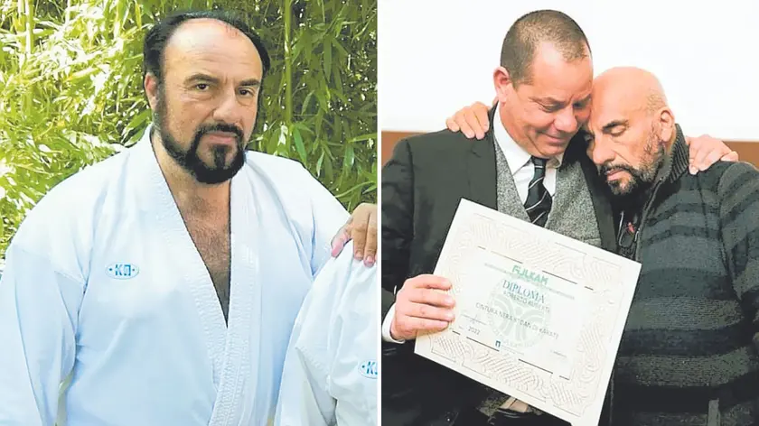 Roberto Ruberti con il karategi e, a destra, con il campione Davide Benetello mentre riceve l’ottavo dan di karate