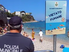 Un agente della polizia municipale controlla la spiaggia dopo che è scattato il divieto di fumo a Capri, 8 agosto 2024. Installati i cartelli e partiti i controlli dopo l'ordinanza del sindaco che vieta di fumare in spiaggia e di abbandonare tutti "rifiuti di prodotti da fumo", questa volta su tutto il territorio comunale. ANSA / GIUSEPPE CATUOGNO