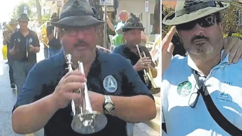 Stefano Silvestri, 57 anni, mentre suona la tromba con la Fanfara dei veci della Brigata Julia e in un’altra foto con il cappello da alpino