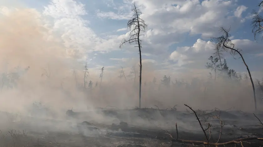 epa11610236 A smoke rises at the site of a glide bomb shelling in Kharkiv, Ukraine, 17 September 2024, amid the ongoing Russian invasion. At least six people, including four rescuers, have been injured in the attack in a forest belt near a shopping site in Kharkiv, according to the head of the Kharkiv Military Administration, Oleg Synegubov. EPA/SERGEY KOZLOV