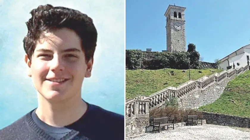 Un'immagine d Carlo Acutis, beatificato nel 2020 e la chiesa di San Giacomo a Clauzetto