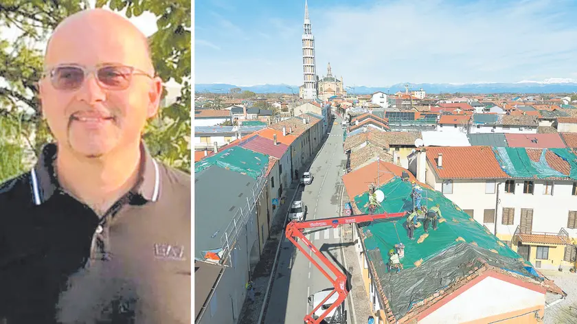 Adamo Lestani, titolare dell’azienda agricola "Terre rosse"; a destra i volontari della Pc riposizionano i teli sui tetti danneggiati