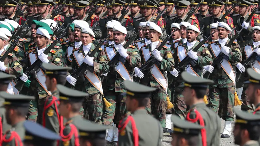 epa11283758 Iranian soldiers parade during the annual Army Day in a military base in Tehran, Iran, 17 April 2024. According to Iranian state media, Raisi described the recent attack launched towards Israel as 'limited' and 'punitive', adding that any act of aggression against Iran will be dealt with a 'powerful and fierce' response. Iran's Islamic Revolutionary Guards Corps (IRGC) launched drones and rockets towards Israel late on 13 April. EPA/ABEDIN TAHERKENAREH